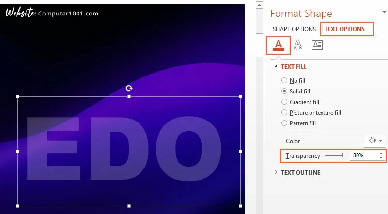 Atur nilai transparans teks