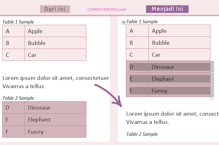 Cara 4: Menggabungkan Tabel Word dengan Shortcut Keyboard Cara 4: Menggabungkan Tabel Word dengan Shortcut Keyboard
