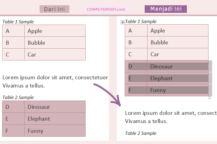 Cara 4: Menggabungkan Tabel Word dengan Shortcut Keyboard