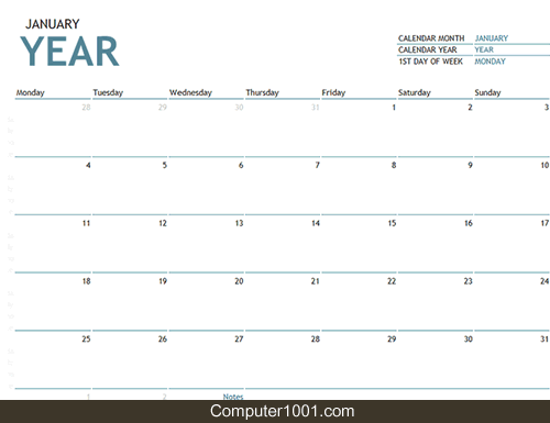 Excel Template Any Year One-Month Calendar With Notes