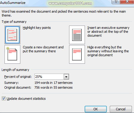 Kotak dialog Auto Summarize Tools Word 2007 Kotak dialog Auto Summarize Tools Word 2007