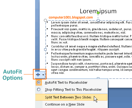AutoFit Options - memisahkan teks ke dalam dua slide PowerPoint