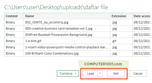 Contoh tampilan daftar file Power Query Contoh tampilan daftar file Power Query