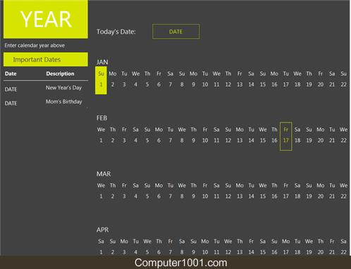 Excel Template Evergreen Calendar
