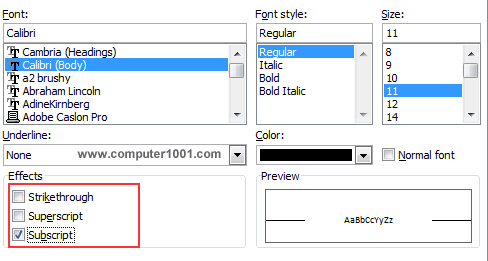Centang kotak Superscript atau Subscript