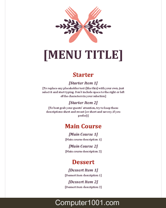 Template Menu Word Informal Event