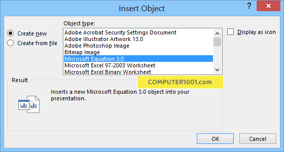 Insert Object Microsoft Equation 3.0