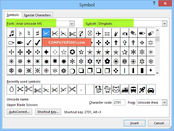 Insert Symbol Gunting di Word dan Excel Cara memasukkan simbol gambar gunting