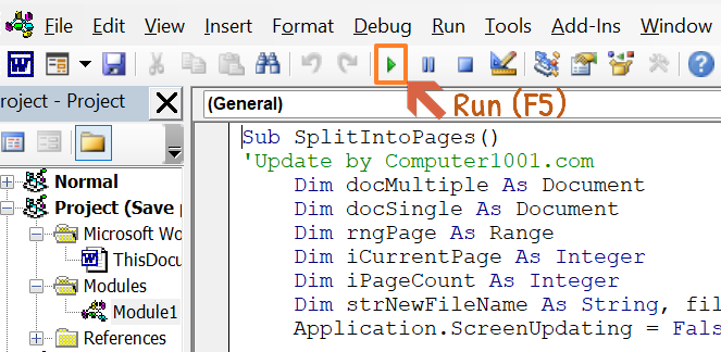 Kode VBA Menyimpan File Word Per Halaman