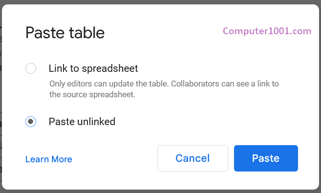Paste table Google Sheets unlinked Paste table Google Sheets unlinked