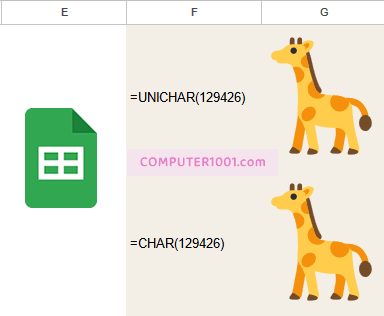 Perbandingan Hasil Fungsi UNICHAR & CHAR Google Sheets Emoji Jerapah dengan Fungsi UNICHAR & CHAR Google Sheets