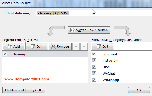 Klik tombol Add untuk menambahkan seri data dari lembar lain Klik tombol Add untuk menambahkan seri data dari lembar lain