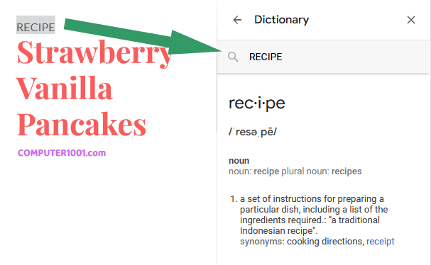 Contoh tampilan shortcut Google Docs untuk kamus (Dictionary) Contoh tampilan shortcut Google Docs untuk kamus (Dictionary)