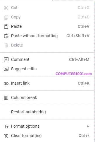 Contoh tampilan shortcut Google Docs untuk Menu Konteks Contoh tampilan shortcut Google Docs untuk Menu Konteks