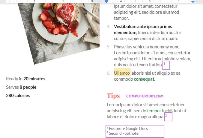 Contoh tampilan shortcut Google Docs untuk Footnote (Catatan Kaki) Contoh tampilan shortcut Google Docs untuk Footnote (Catatan Kaki)