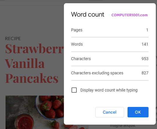 Contoh tampilan shortcut Google Docs untuk jumlah kata (Word Count) Contoh tampilan shortcut Google Docs untuk jumlah kata (Word Count)
