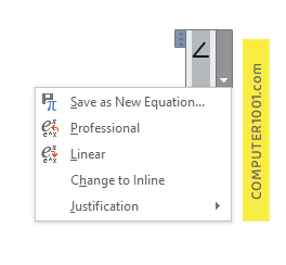 Shortcut Menu Insert Equation Shortcut Menu Insert Equation