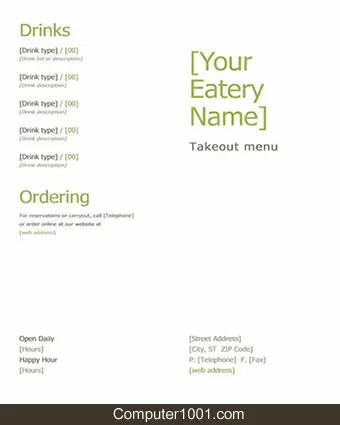 Template Menu Word Takeout