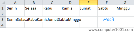 Hasil penggabungan sel dalam baris dengan fungsi Concanate Hasil penggabungan sel dalam baris dengan fungsi Concanate
