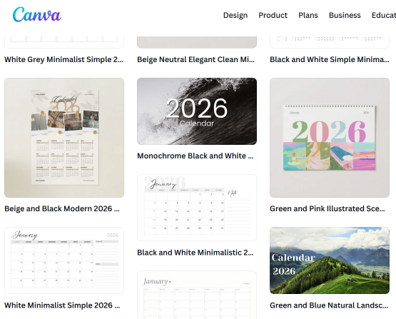 Template kalender 2026 Canva