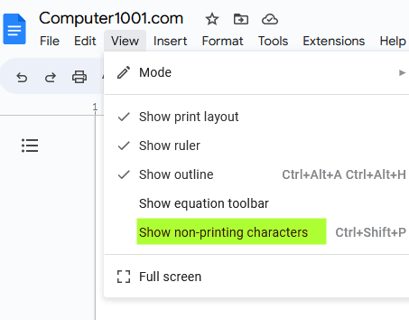 View | Show non-printing characters Menampilkan garis page break Google Docs