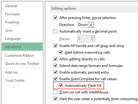 Automatically Flash Fill dicentang Automatically Flash Fill dicentang
