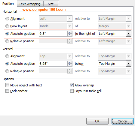 Atur Absolute Position horizontal dan vertikal kotak teks nomor halaman Atur Absolute Position horizontal dan vertikal kotak teks nomor halaman