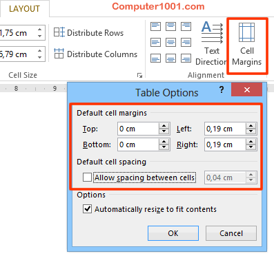 Atur Cell Margins Tabel Atur Cell Margins Tabel