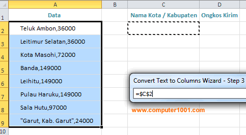 Cell destination untuk hasil text to columns Cell destination untuk hasil text to columns
