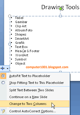 AutoFit Options - memisahkan teks ke dalam dua kolum PowerPoint