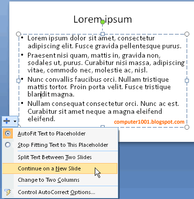 AutoFit Options - pengetikan teks dilanjutkan ke slide baru PowerPoint