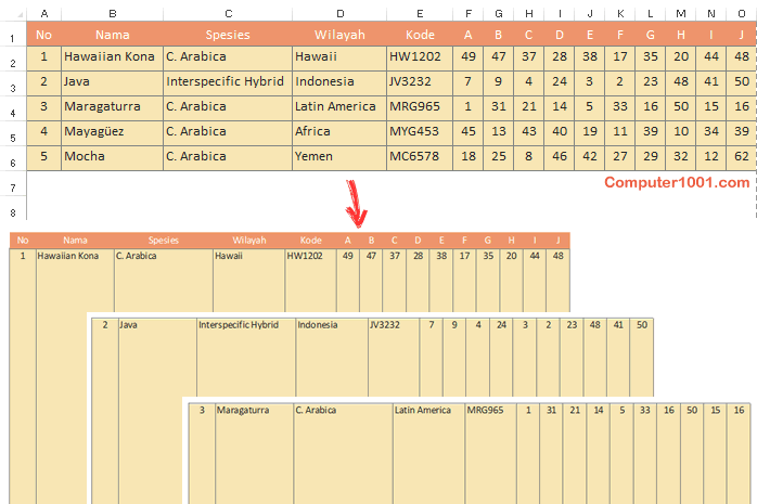 Contoh baris Excel yang ingin dicetak per halaman