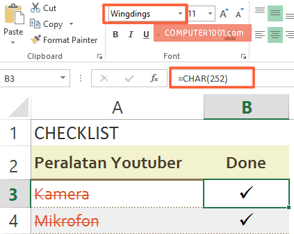 Formula untuk membuat tanda centang / ceklis Formula untuk membuat tanda centang / ceklis