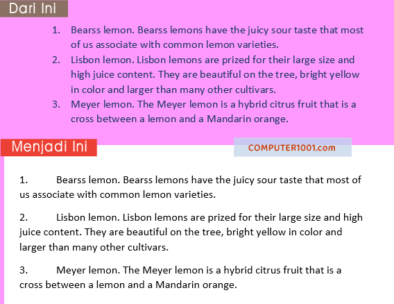 Contoh hasil ubah penomoran otomatis ke teks biasa Contoh hasil ubah penomoran otomatis ke teks biasa