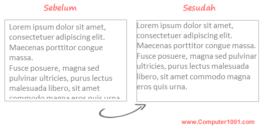Contoh kotak berisi teks sebelum dan sesudah merubah margin
