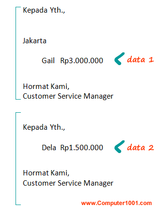 Contoh tampilan mail merge yang kacau Contoh tampilan mail merge yang kacau