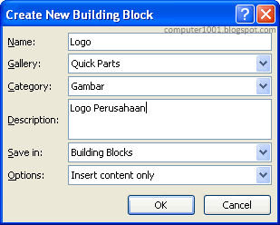 Create New Building Block Dialog Box Create New Building Block Dialog Box