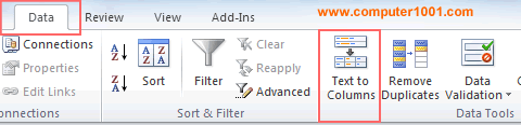 Klik Text to Columns untuk membuka kotak dialog Convert Text to Columns Wizard Klik Text to Columns untuk membuka kotak dialog Convert Text to Columns Wizard