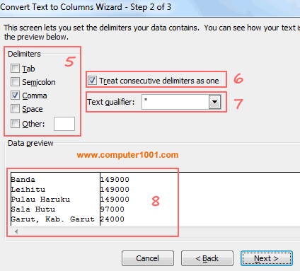 Step 2 - pilih Delimiter, text qualifier dan Data Preview Step 2 - pilih Delimiter, text qualifier dan Data Preview