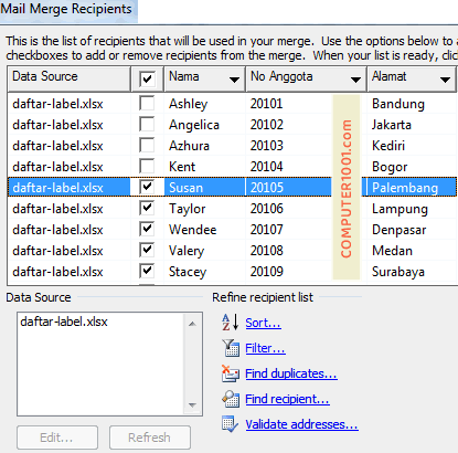 Edit Recipients - Mail Merge Label