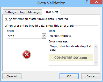 Set Error Alert untuk peringatan duplikasi data Excel Set Error Alert untuk peringatan duplikasi data Excel