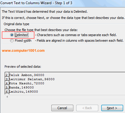 Step 1 - klik Delimited Step 1 - klik Delimited