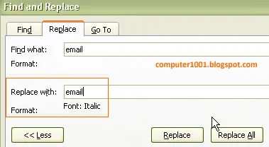 Find and Replace - Format Font Italic - Word