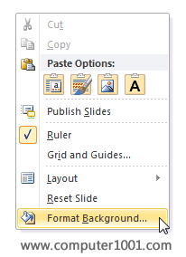 Klik kanan slide dan pilih Format Background Klik kanan slide dan pilih Format Background