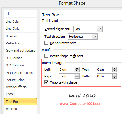 Margin Text Box Word 2010