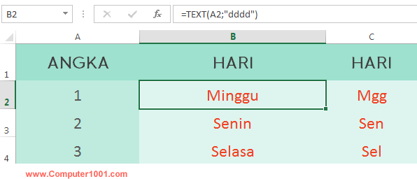 Formula mengganti angka ke nama hari