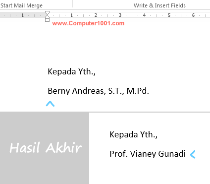 Hasil akhir mail merge dengan gelar depan atau belakang Hasil akhir mail merge dengan gelar depan atau belakang