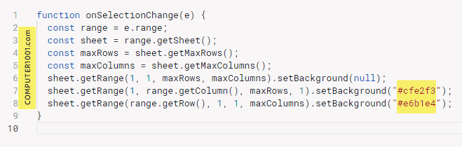 Highlight sel aktif Google Sheets dengan Kode Hex Warna