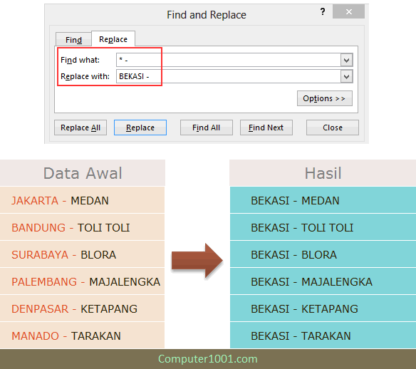 Find and Replace untuk mengganti data sebagian isi sel