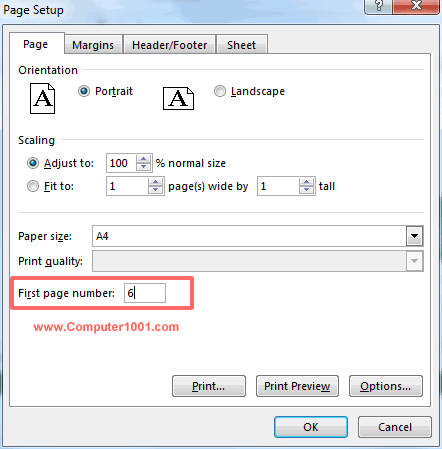 Ketik angka pada kotak First page number Ketik angka pada kotak First page number